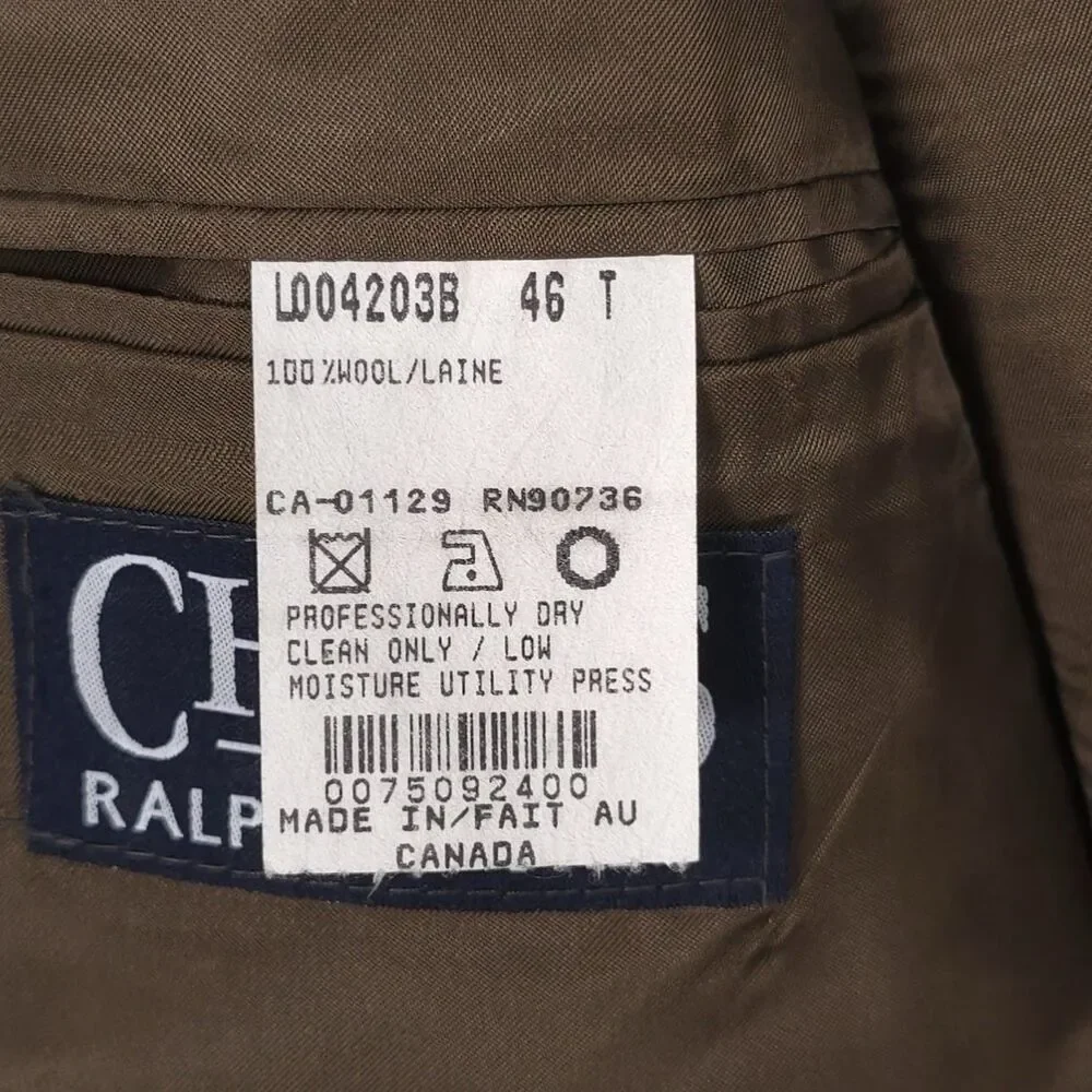 CHAPS RALPH LAUREN Sport Coat 46T‎ 100% PURE NEW WOOL Vintage CANADA MADE Blazer